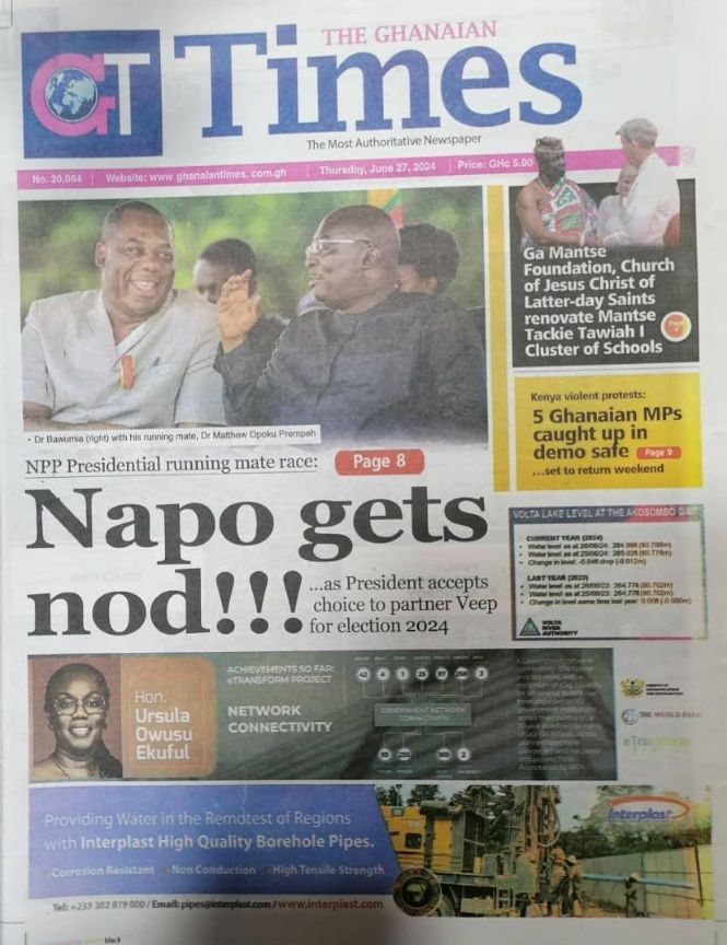 newspaper headlines for Thursday 27th June