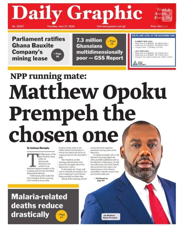 newspaper headlines for Thursday 27th June